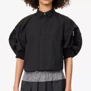 Sacai Japan Black Bomber Jacket Balloon Sleeves Cotton Poplin Top Shirt Sz 1